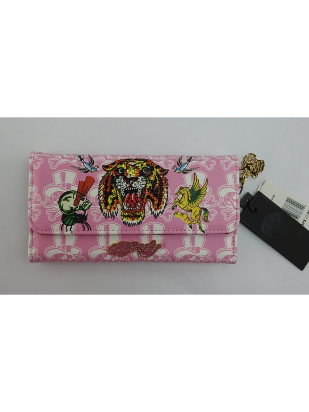 New Ed Hardy Pink Skull Tiger Rhinestone Wallet Checkbook Clutch  Y2K NWT